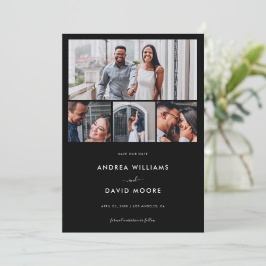 Save The Date Moderne 4 Photo Collage QR Code Mariage noir (Debout devant)