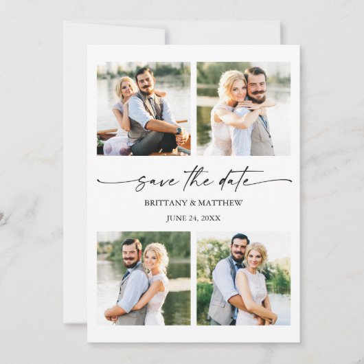 Save The Date Moderne 4 Photos Mini Script d'encre QR Code (Devant)