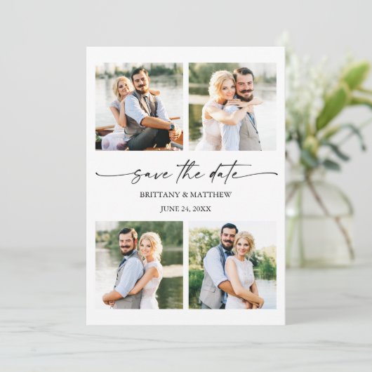 Save The Date Moderne 4 Photos Mini Script d'encre QR Code (Debout devant)