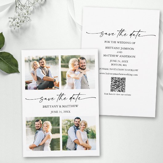 Save The Date Moderne 4 Photos Mini Script d'encre QR Code