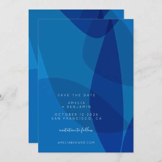 Save The Date Moderne Abstrait Bleu Tendance Unique (Devant / Derrière)