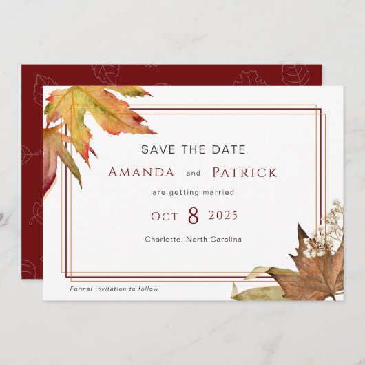 Save The Date Moderne automne feuilles jardin mariage (Devant / Derrière)