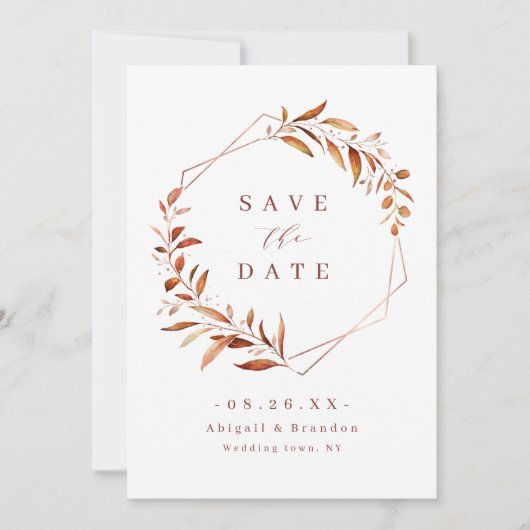 Save The Date Moderne Automne vert Mariage géométrique Rustique (Devant)