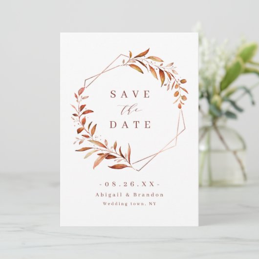 Save The Date Moderne Automne vert Mariage géométrique Rustique (Debout devant)
