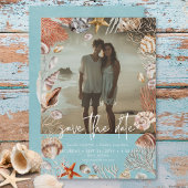 Save The Date Moderne Beach Seashell Frame Photo Aqua Mariage