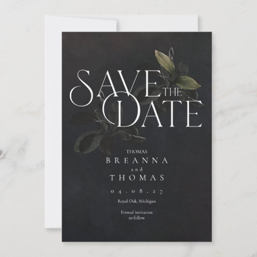 Save The Date Moderne Black Moody Botanical Enregistrer la date (Devant)