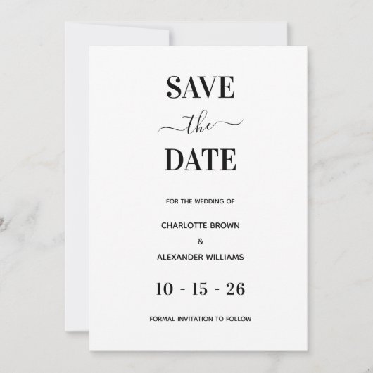 Save The Date Moderne Blanc & Noir Minimal Enregistrer La Date (Devant)