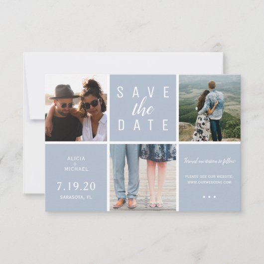 Save The Date Moderne bleu poussiéreux simple 3 photo collage ma (Devant)