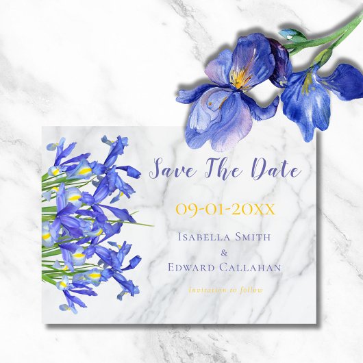 Save The Date Moderne Blue Irises Floral Gris Marbre Mariage