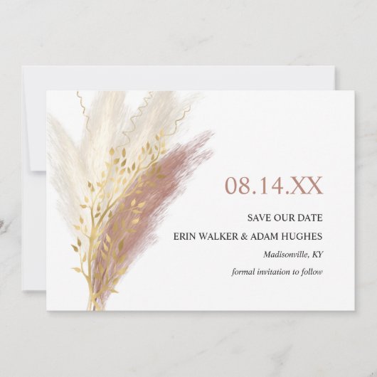 Save The Date Moderne Boho Rose Gold Herbe de Pampas  (Devant)