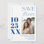 Save The Date Moderne chic simple écriture audacieuse bleu blanc (Devant)
