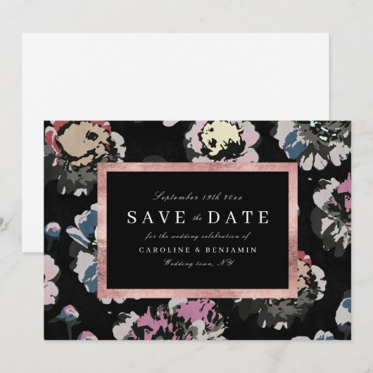 Save The Date Moderne classique noir abstrait floral (Devant / Derrière)