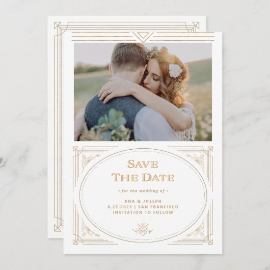 Save The Date Moderne Déco | Élégante Photo Or et Blanc Faux (Devant / Derrière)
