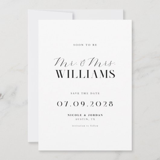 Save The Date Moderne Elegant Chic Mariage noir et blanc (Devant)