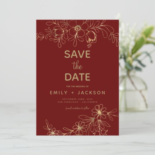 Save The Date Moderne Élégant Enregistrer la date Bourgogne Or F (Debout devant)