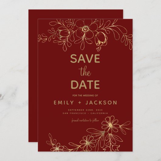 Save The Date Moderne Élégant Enregistrer la date Bourgogne Or F (Devant / Derrière)