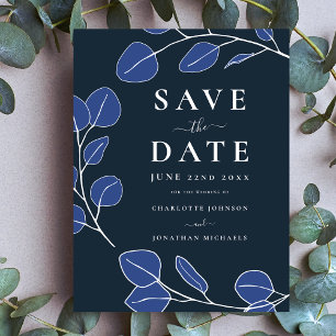 Save The Date Moderne Elégant minimaliste Mariage bleu feuille