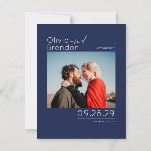 Save The Date Moderne Elegant Navy Bleu Enregistrer la photo Dat (Devant)