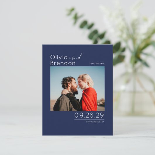 Save The Date Moderne Elegant Navy Bleu Enregistrer la photo Dat (Debout devant)