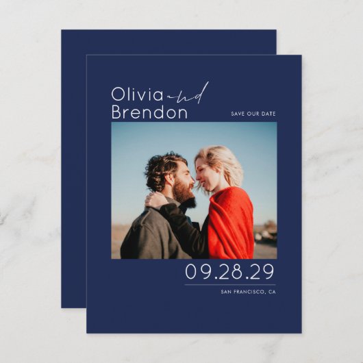 Save The Date Moderne Elegant Navy Bleu Enregistrer la photo Dat (Devant / Derrière)