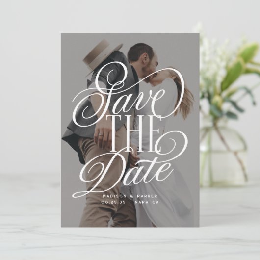 Save The Date Moderne Élégant Script Photo Mariage (Debout devant)