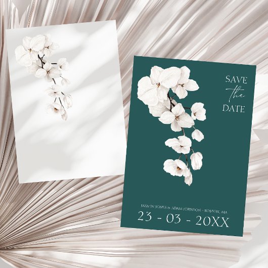 Save The Date Moderne Emerald Green Orchidées Blanches Fleurs Ma