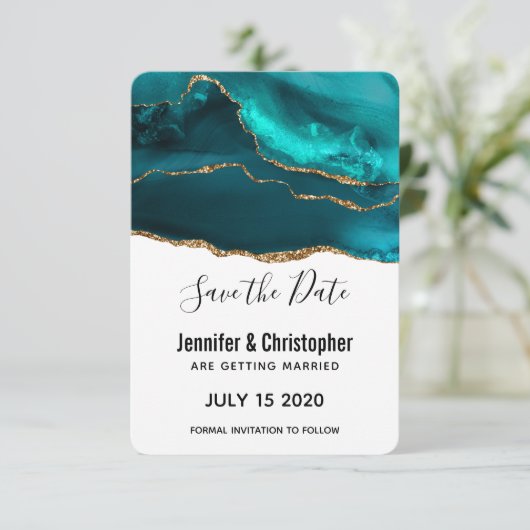 Save The Date Moderne et élégant Turquoise Or & Blanc Agate Mari (Debout devant)