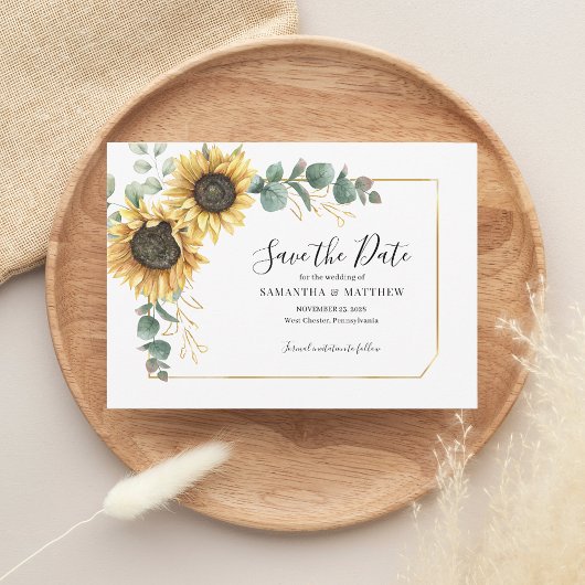 Save The Date Moderne Eucalyptus tournesol floral géométrique