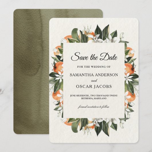 Save The Date Moderne Floral Orange Citron | Rustique (Devant / Derrière)