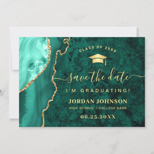 Save The Date Moderne Golden Emerald Marble Graduation QR code (Devant)