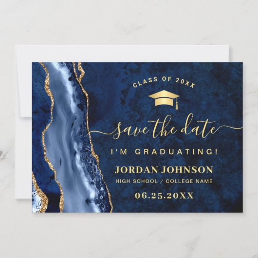 Save The Date Moderne Golden Navy Blue Marble Graduation QR code (Devant)