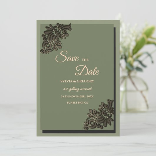 Save The Date Moderne Luxe ton Terre Sage Vert & Or Classic (Debout devant)