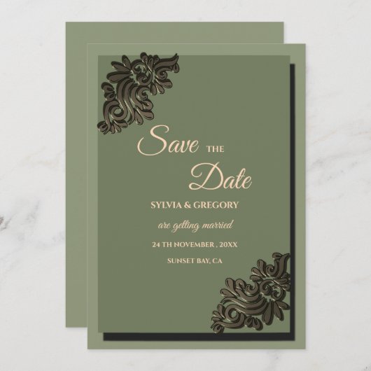 Save The Date Moderne Luxe ton Terre Sage Vert & Or Classic (Devant / Derrière)
