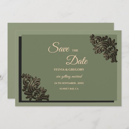 Save The Date Moderne Luxe ton Terre Sage Vert & Or Classic (Devant / Derrière)