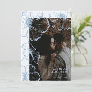 Save The Date Moderne Mariage Élégant Fleur Bleu Poussiéreux Pho