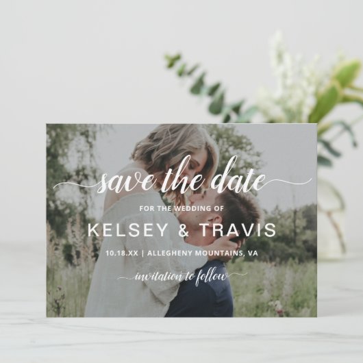 Save The Date Moderne Mariage Élégant Photo Script Simple (Debout devant)