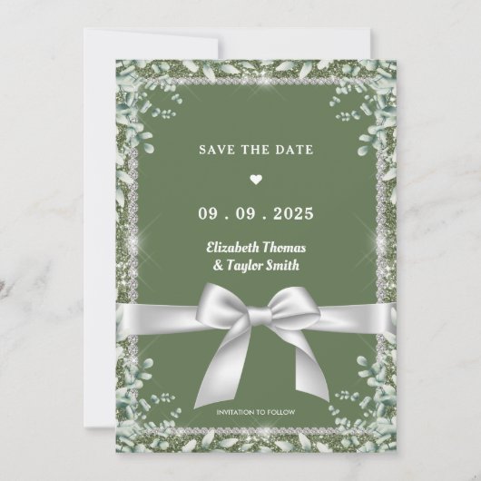 Save The Date Moderne Mariage Pailleté au Vert Sauge et Eucalypt (Devant)
