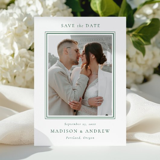 Save The Date Moderne Mariage Photo 2 Bordure Double Vert