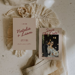 Save The Date Moderne Mariage Photo Fantaisiste Burgundy Crème 