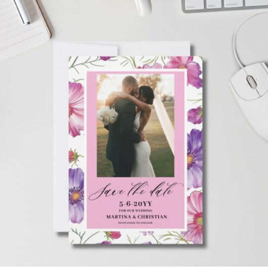 Save The Date Moderne Mariage Photo Script Fleur Rose Violet