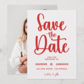 Save The Date Moderne Mariage Photo Script Rouge Rétro Élégant (Devant / Derrière)