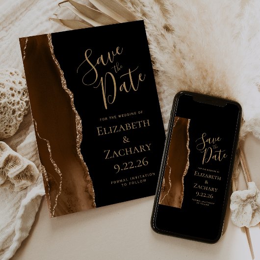 Save The Date Moderne Mocha Brown Gold Agate Noir Enregistrer la