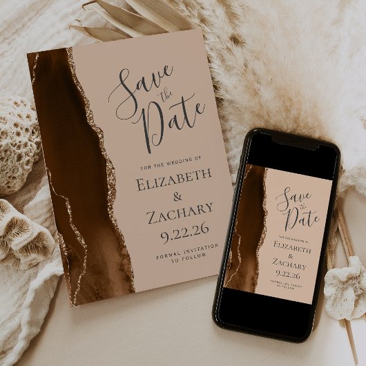 Save The Date Moderne Mocha Brown Gold Agate Tan Enregistrer la