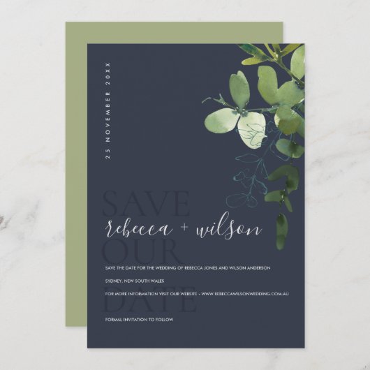 SAVE THE DATE MODERNE MODERNE EUCALYPTUS FOLIAGE COULEUR D'EAU (Devant / Derrière)
