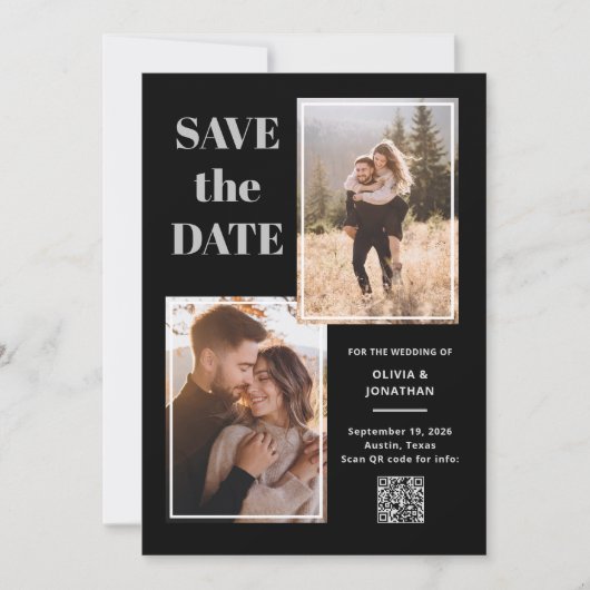 Save The Date Moderne Multi Photo noir et gris | Code QR (Devant)
