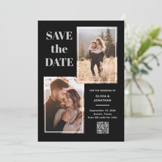 Save The Date Moderne Multi Photo noir et gris | Code QR (Debout devant)