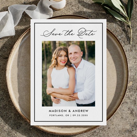 Save The Date Moderne Photo de Mariage avec Bordure Noire Script