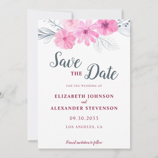 Save The Date Moderne rose gris aquarelle fleurs printemps maria (Devant)