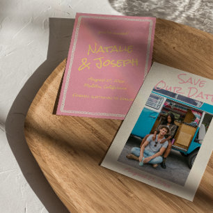Save The Date Moderne Rose Jaune Couleur Pastel Photo Mariage