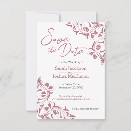 Save The Date Moderne Rose Or Floral Économisez La Date (Devant)